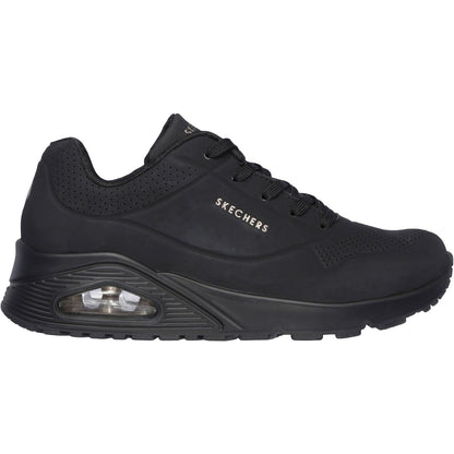 Women's Wide Fit Skechers 73690 Uno Stand On Air Walking Street Wear Trainers - Black/Black